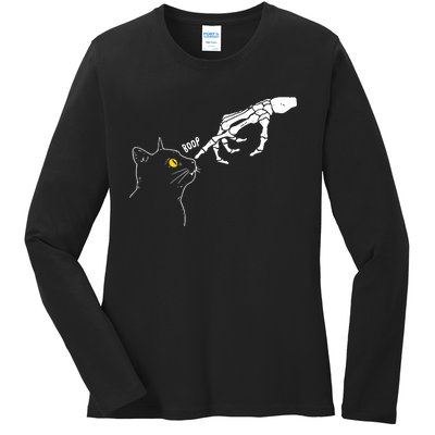 Skeleton Hand Boop Funny Halloween Black Cat Lover Ladies Long Sleeve Shirt