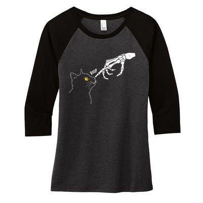 Skeleton Hand Boop Funny Halloween Black Cat Lover Women's Tri-Blend 3/4-Sleeve Raglan Shirt