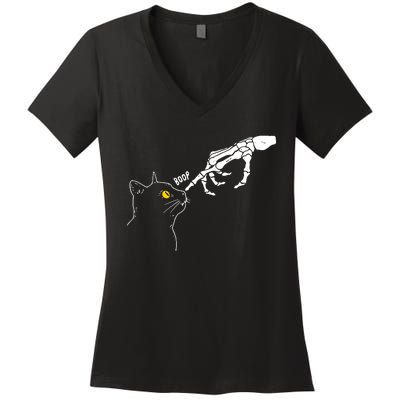 Skeleton Hand Boop Funny Halloween Black Cat Lover Women's V-Neck T-Shirt