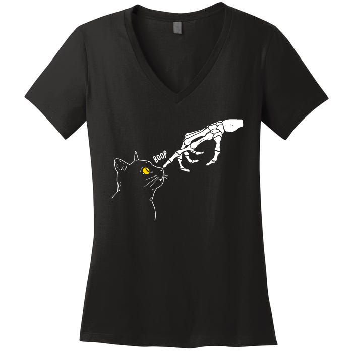 Skeleton Hand Boop Funny Halloween Black Cat Lover Women's V-Neck T-Shirt