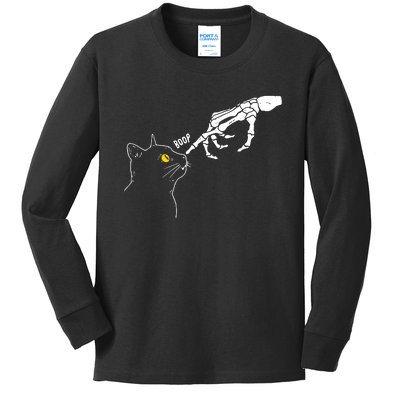 Skeleton Hand Boop Funny Halloween Black Cat Lover Kids Long Sleeve Shirt