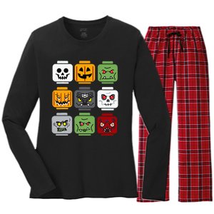 Spooky Halloween Building Brick Head Pumpkin Ghost Zombie Costume Women's Long Sleeve Flannel Pajama Set 