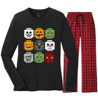 Spooky Halloween Building Brick Head Pumpkin Ghost Zombie Costume Women's Long Sleeve Flannel Pajama Set 