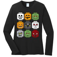 Spooky Halloween Building Brick Head Pumpkin Ghost Zombie Costume Ladies Long Sleeve Shirt