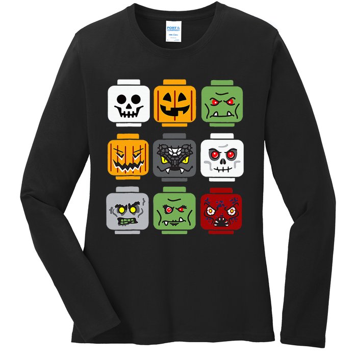 Spooky Halloween Building Brick Head Pumpkin Ghost Zombie Costume Ladies Long Sleeve Shirt