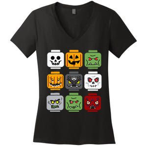 Spooky Halloween Building Brick Head Pumpkin Ghost Zombie Costume Women's V-Neck T-Shirt