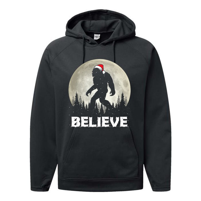 Santa Hat Bigfoot Believe Christmas Lights Rock Sasquatch Performance Fleece Hoodie