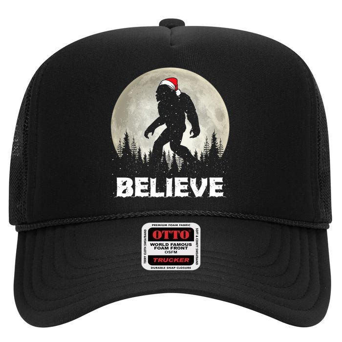 Santa Hat Bigfoot Believe Christmas Lights Rock Sasquatch High Crown Mesh Back Trucker Hat