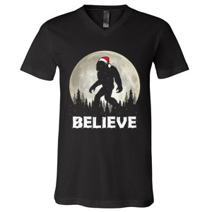 Santa Hat Bigfoot Believe Christmas Lights Rock Sasquatch V-Neck T-Shirt