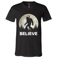 Santa Hat Bigfoot Believe Christmas Lights Rock Sasquatch V-Neck T-Shirt