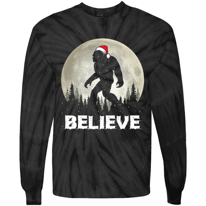 Santa Hat Bigfoot Believe Christmas Lights Rock Sasquatch Tie-Dye Long Sleeve Shirt