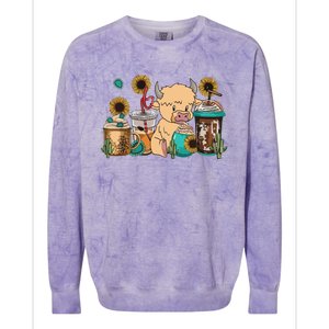 Scottish Highland Cow Print Drinking Coffee Cactus Sunflower Colorblast Crewneck Sweatshirt