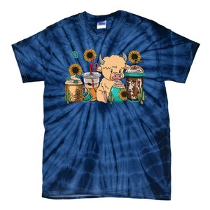 Scottish Highland Cow Print Drinking Coffee Cactus Sunflower Tie-Dye T-Shirt