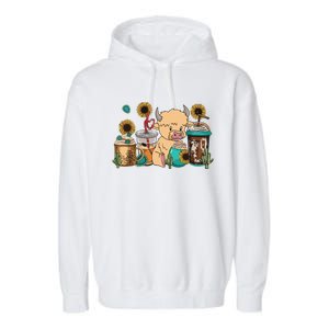 Scottish Highland Cow Print Drinking Coffee Cactus Sunflower Garment-Dyed Fleece Hoodie