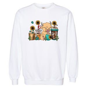 Scottish Highland Cow Print Drinking Coffee Cactus Sunflower Garment-Dyed Sweatshirt