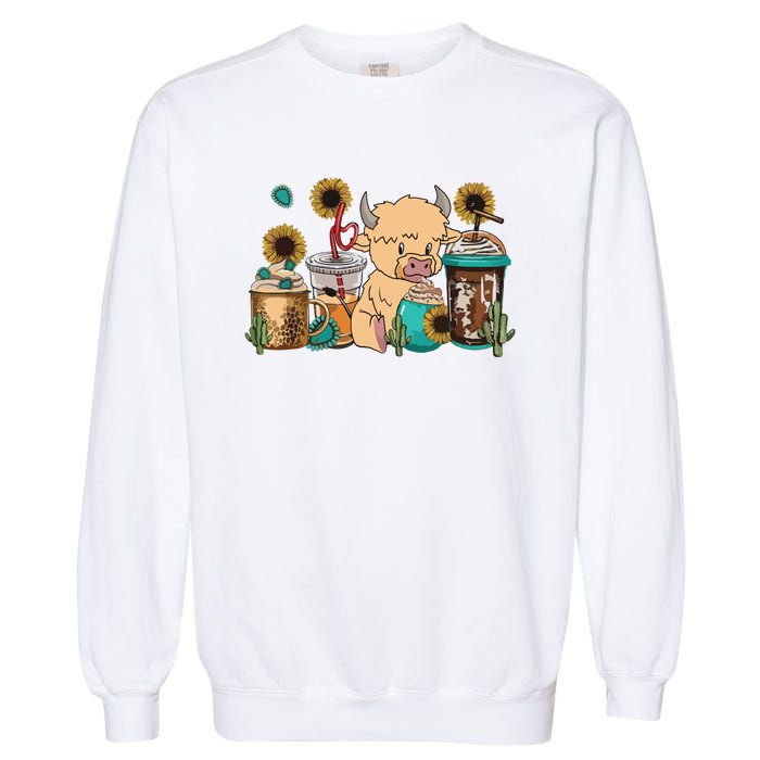 Scottish Highland Cow Print Drinking Coffee Cactus Sunflower Garment-Dyed Sweatshirt