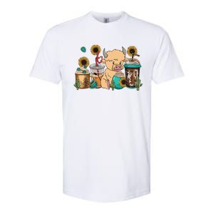 Scottish Highland Cow Print Drinking Coffee Cactus Sunflower Softstyle CVC T-Shirt