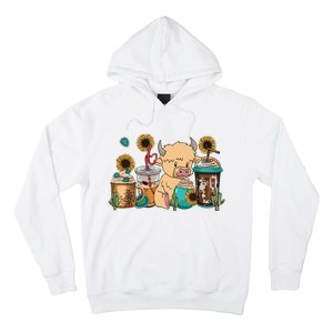 Scottish Highland Cow Print Drinking Coffee Cactus Sunflower Hoodie