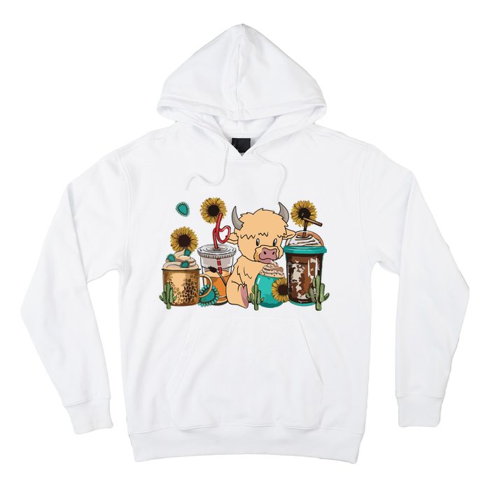 Scottish Highland Cow Print Drinking Coffee Cactus Sunflower Hoodie