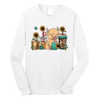 Scottish Highland Cow Print Drinking Coffee Cactus Sunflower Long Sleeve Shirt