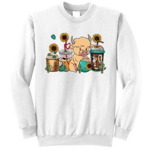 Scottish Highland Cow Print Drinking Coffee Cactus Sunflower Sweatshirt