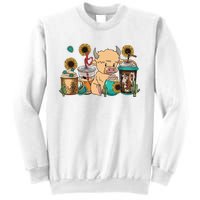 Scottish Highland Cow Print Drinking Coffee Cactus Sunflower Sweatshirt