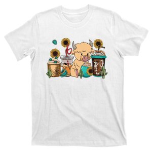 Scottish Highland Cow Print Drinking Coffee Cactus Sunflower T-Shirt