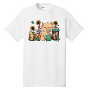 Scottish Highland Cow Print Drinking Coffee Cactus Sunflower Tall T-Shirt