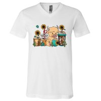 Scottish Highland Cow Print Drinking Coffee Cactus Sunflower V-Neck T-Shirt