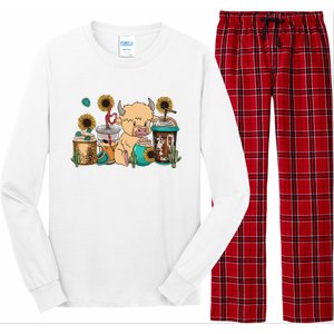 Scottish Highland Cow Print Drinking Coffee Cactus Sunflower Long Sleeve Pajama Set