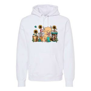 Scottish Highland Cow Print Drinking Coffee Cactus Sunflower Premium Hoodie