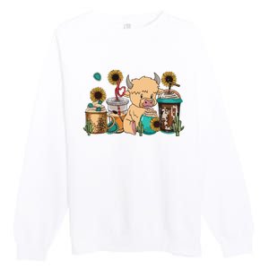 Scottish Highland Cow Print Drinking Coffee Cactus Sunflower Premium Crewneck Sweatshirt