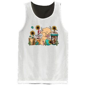 Scottish Highland Cow Print Drinking Coffee Cactus Sunflower Mesh Reversible Basketball Jersey Tank