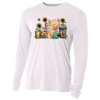 Scottish Highland Cow Print Drinking Coffee Cactus Sunflower Cooling Performance Long Sleeve Crew