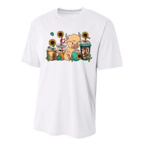 Scottish Highland Cow Print Drinking Coffee Cactus Sunflower Performance Sprint T-Shirt