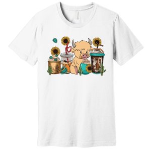 Scottish Highland Cow Print Drinking Coffee Cactus Sunflower Premium T-Shirt