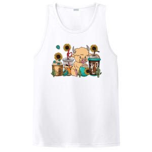 Scottish Highland Cow Print Drinking Coffee Cactus Sunflower PosiCharge Competitor Tank