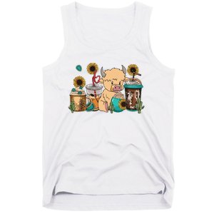 Scottish Highland Cow Print Drinking Coffee Cactus Sunflower Tank Top