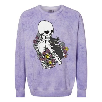 Skeleton Hugging Cat Flowers Skeleton Black Cat Colorblast Crewneck Sweatshirt