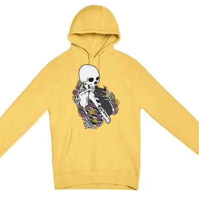 Skeleton Hugging Cat Flowers Skeleton Black Cat Premium Pullover Hoodie