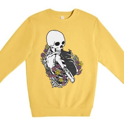 Skeleton Hugging Cat Flowers Skeleton Black Cat Premium Crewneck Sweatshirt