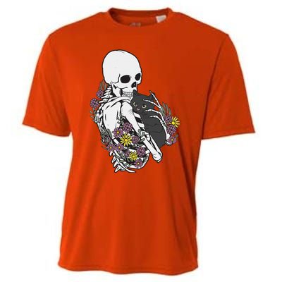 Skeleton Hugging Cat Flowers Skeleton Black Cat Cooling Performance Crew T-Shirt