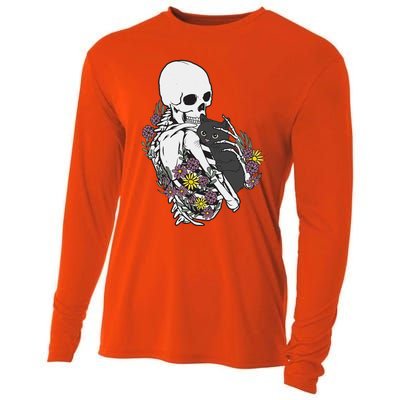 Skeleton Hugging Cat Flowers Skeleton Black Cat Cooling Performance Long Sleeve Crew