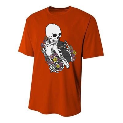 Skeleton Hugging Cat Flowers Skeleton Black Cat Performance Sprint T-Shirt