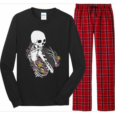 Skeleton Hugging Cat Flowers Skeleton Black Cat Long Sleeve Pajama Set