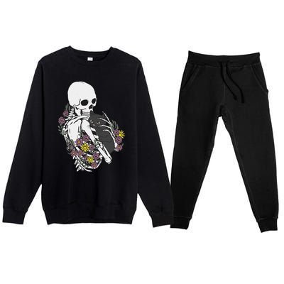 Skeleton Hugging Cat Flowers Skeleton Black Cat Premium Crewneck Sweatsuit Set