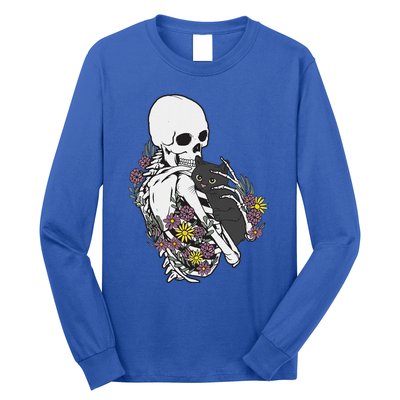 Skeleton Hugging Cat Flowers Skeleton Black Cat Long Sleeve Shirt