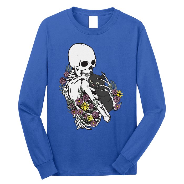 Skeleton Hugging Cat Flowers Skeleton Black Cat Long Sleeve Shirt