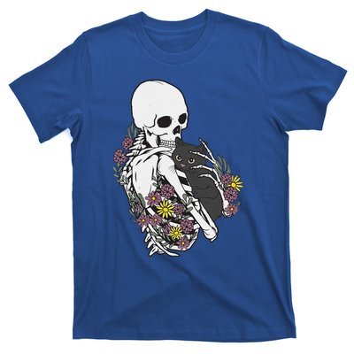 Skeleton Hugging Cat Flowers Skeleton Black Cat T-Shirt