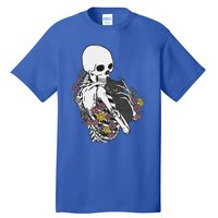 Skeleton Hugging Cat Flowers Skeleton Black Cat Tall T-Shirt